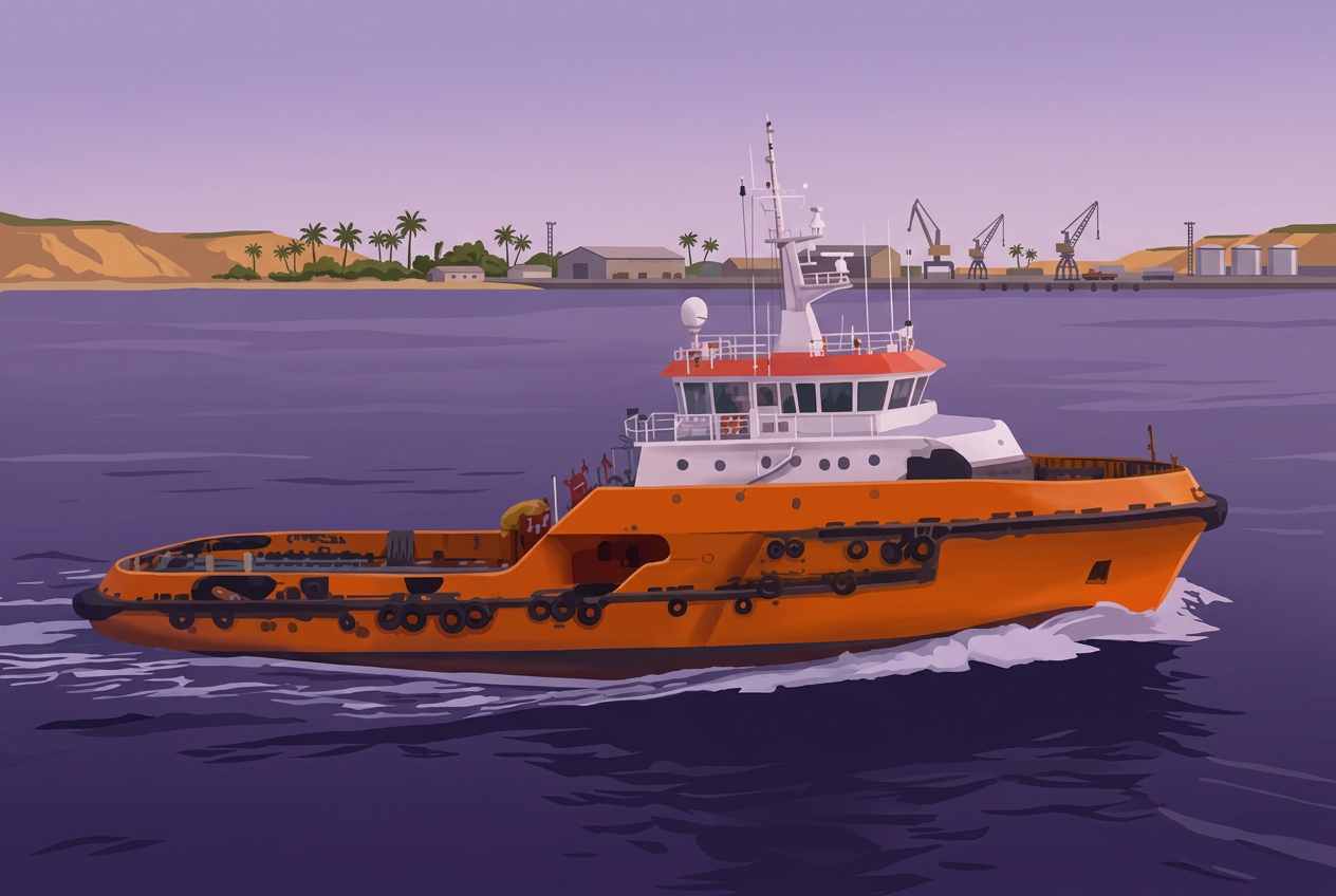 Ilustração gerada por IA sobre: Bourbon vence contrato de cinco anos com a ExxonMobil em Angola e lança novo modelo de crewboat de 34 metros