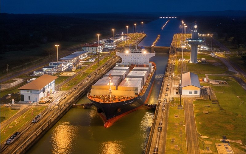 Ilustração gerada por IA sobre: Canal do Panamá opera em capacidade plena mas travessias seguem abaixo do nível pré-seca