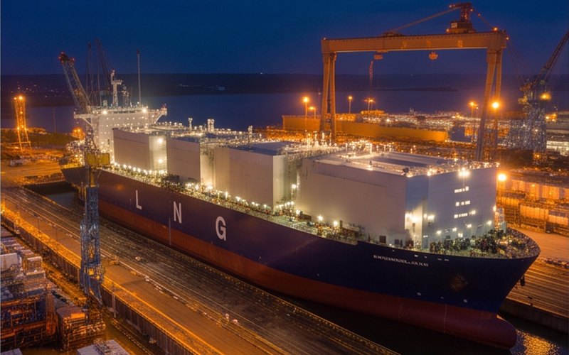 Ilustração gerada por IA sobre: Hanwha Ocean vence pedido de 1,9 trilhão de wones por sete navios GNL da taiwanesa YangMing