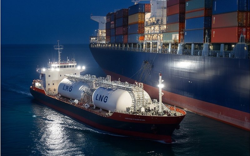 Ilustração gerada por IA sobre: Hapag-Lloyd e Shell assinam acordo plurianual de biometano líquido
