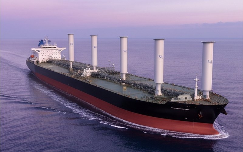Ilustração gerada por IA sobre: Idemitsu do Japão encomenda os primeiros VLCCs dual-fuel a metanol com velas rotativas do mundo