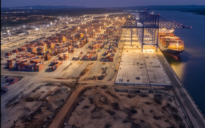 Ilustração gerada por IA sobre: JBS Terminais amplia área de operação no Porto de Itajaí