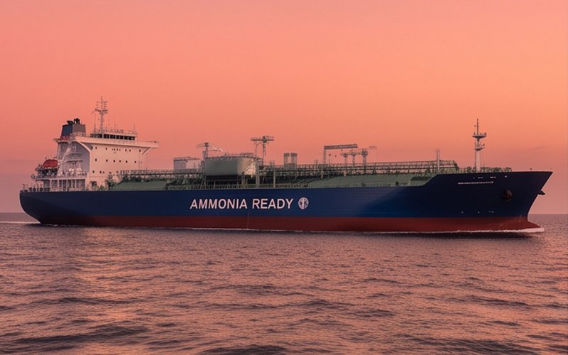 Ilustração gerada por IA sobre: MOL Chemical Tankers fecha contrato de afretamento para navios dual-fuel a amônia com a CMB.TECH