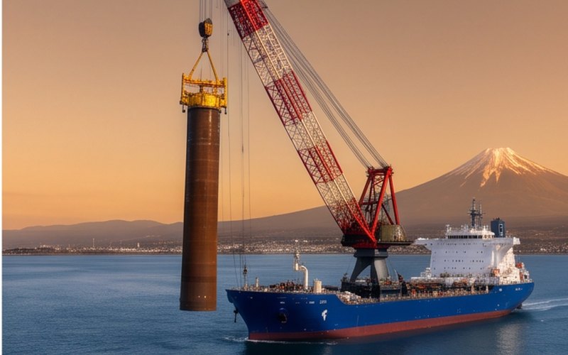 Ilustração gerada por IA sobre: Navio de heavy lift instalará monopiles de nova geração na costa do Japão