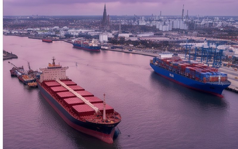 Ilustração gerada por IA sobre: Port of Antwerp-Bruges encerra 2025 com queda de 4,1% na movimentação total