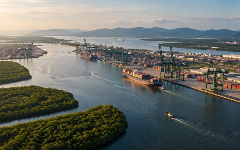 Ilustração gerada por IA sobre: Porto de Santos registra recorde histórico de movimentação de cargas em 2024