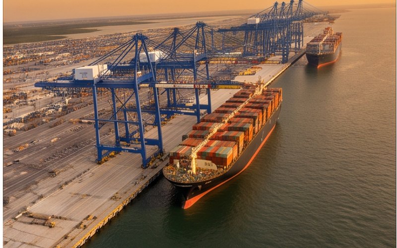 Ilustração gerada por IA sobre: Rotterdam conclui fase da expansão de águas profundas da Maasvlakte 2 antes do prazo