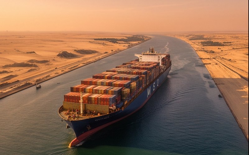 Ilustração gerada por IA sobre: Transições por Suez permanecem próximas da mínima de 2025 apesar de otimismo com reabertura